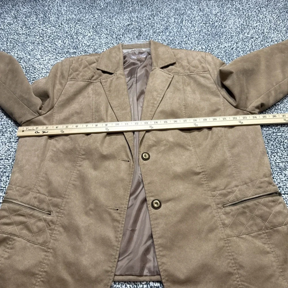 Tanjay Faux Suede Jacket Size 16 Tan Camel Quilted Shoulder Blazer Button Front